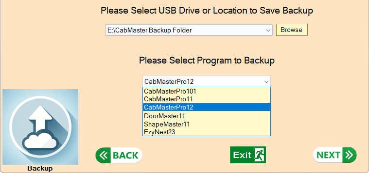 Select location and program to backup-  Click to view Browse example