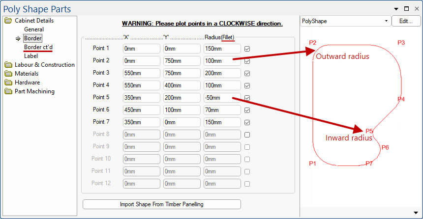 Cabinet Details > General page is set to Advanced Radius Fillet  -  Click to view