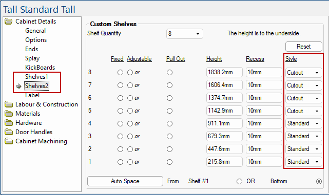 Click to view Cutout applied to top 4 shelves of cabinet