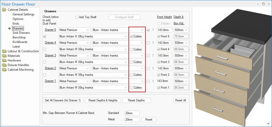 Click to view example of Drawers page with NO Cutlery Trays selected on the Hardware page.
