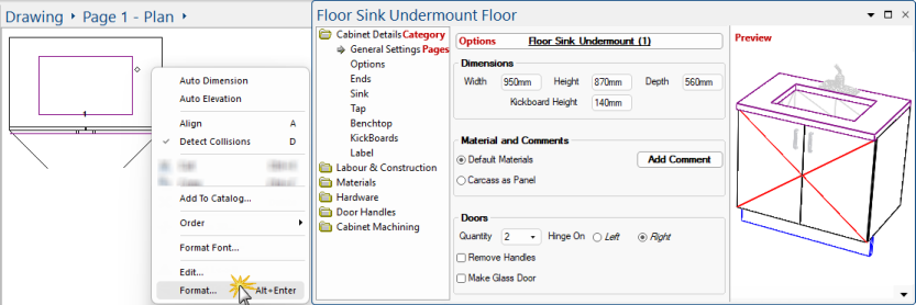 Cabinet Properties - Opened by using menu option or double clicking on placed cabinet