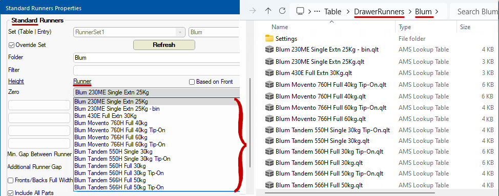 Click to view how the drop list is populated at both Drawing and Cabinet levels