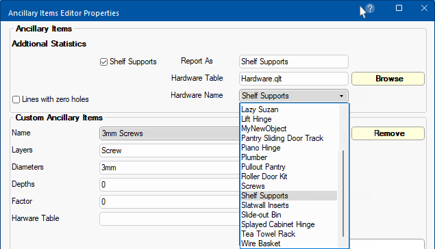 Click to view location of Hardware table using the Browse button