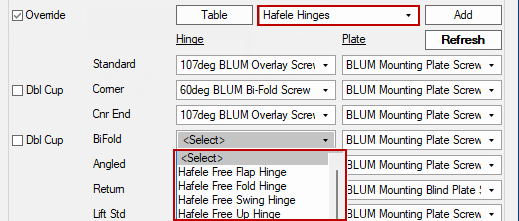 Example: Hinge and Plate drop list selection changed from Blum to Hafele Hinges