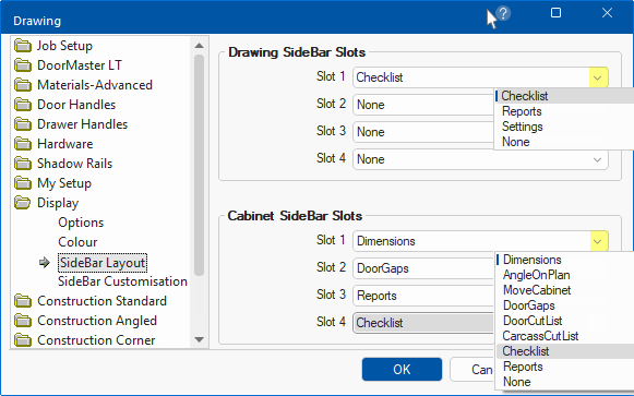 Click to view these setting for the Cabinet and Drawing Sidebars