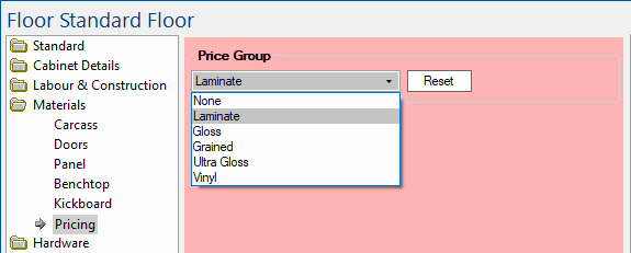 Cabinet Properties shows Price Group selection on Materials > Pricing page 