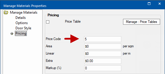 Door material Pricing in Materials Manager - Remember to Save changes: Click to view