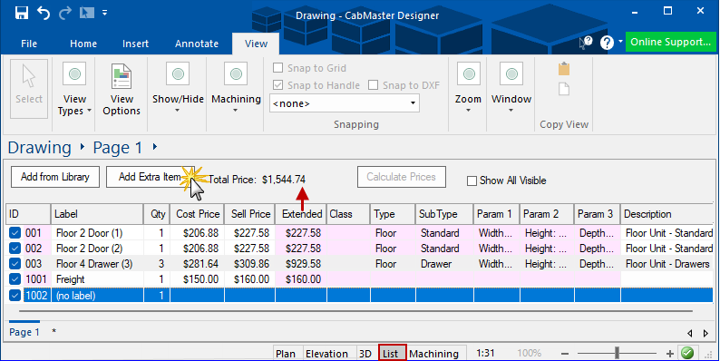 View tab > select List View  -  Click to view Quantities report showing the same pricing details 