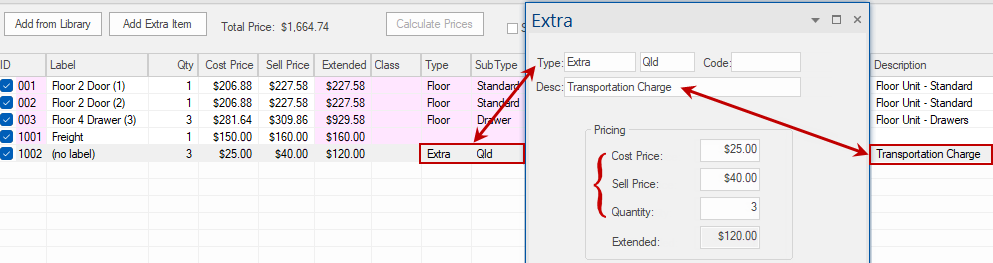 Click to view Quantities report which shows Type, Sub Type and Description is displayed. 