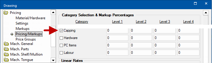 Pricing > Pricing/Markups page - enable applicable Category 