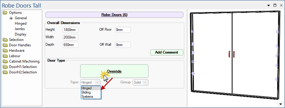 Click to view defaults i.e. Materials-Advanced > Robe Door